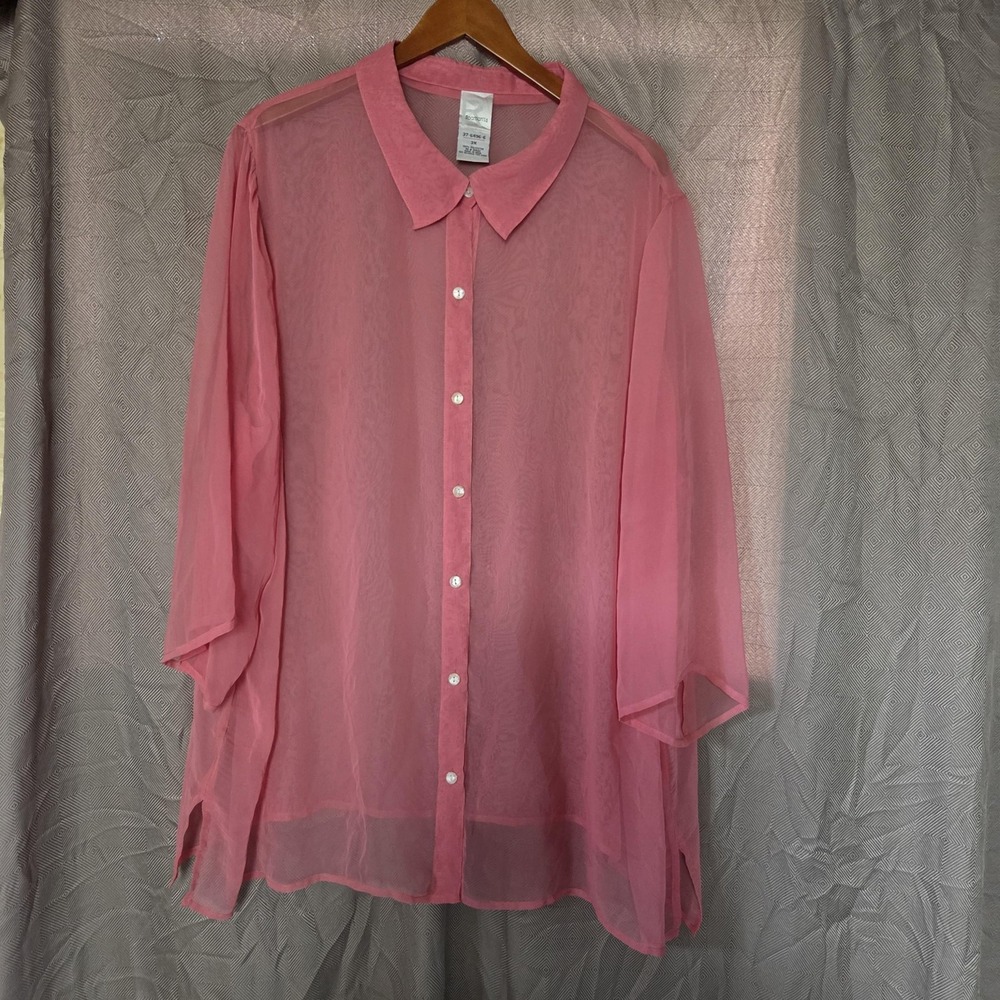Roaman's Blouse Womens Plus 3X Pink Collared 3/4 Sleeve Sheer Tunic Top